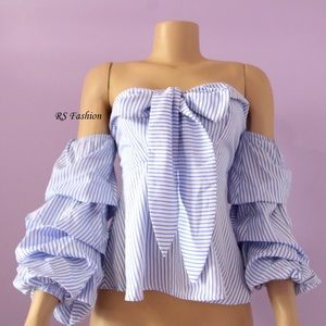 Blue stripe ruffle sleeves blouse